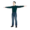 Man With Arms Outstretched Wearing Dark Green Shirt Blue Jeans Black Shoes On White Background