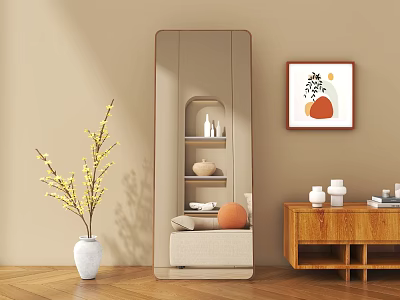 Full Length Mirror In Minimalist Living Room Decor 3d model