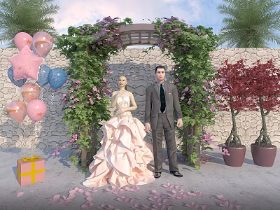 Wedding Pergola With Green Vines Purple Flowers Bride And Groom Pink Blue Balloons Flower Petals 3d model