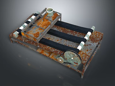 Rusty Mechanical Conveyor Equipment with Metal Frame Black Belts and White Rollers 3d model