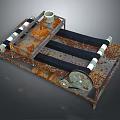 Rusty Mechanical Conveyor Equipment with Metal Frame Black Belts and White Rollers