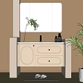 Modern Bathroom Cabinet With White Drawers Mirror Above Soft Lighting Skincare Products And Potted Plant