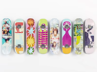 Colorful Skateboard Decks With Various Artistic Patterns And Graphics 3d model