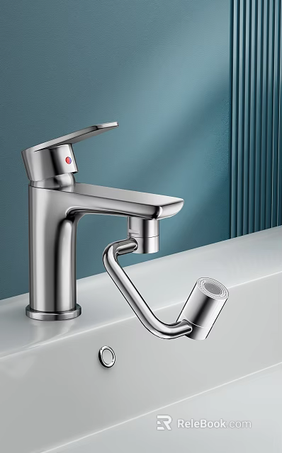 Sleek Modern Chrome Faucet With Flexible Sprayer And Blue Background White Countertop 3d model 