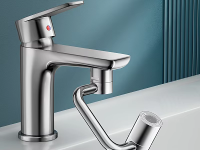 Sleek Modern Chrome Faucet With Flexible Sprayer And Blue Background White Countertop 3d model