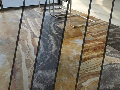Marble Patterned Floor Tiles With Brown Beige Black Colors Neatly Arranged And Metal Chair Legs 3d model