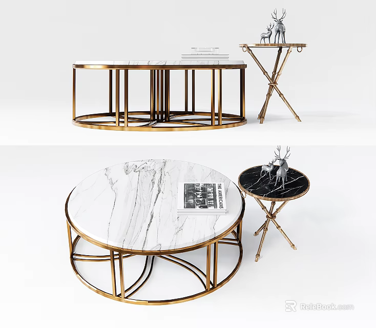Elegant Round Coffee Table With White Marble Top And Gold Metal Frame Design 3d model 