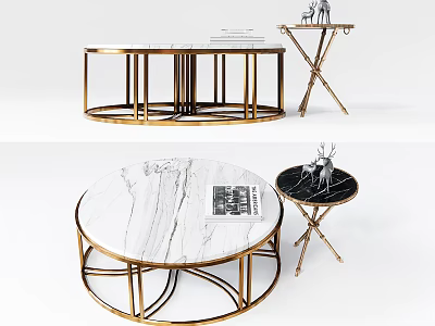 Elegant Round Coffee Table With White Marble Top And Gold Metal Frame Design 3d model