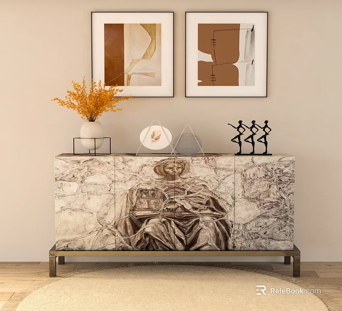 Elegant Sideboard With Marble Texture Surface And Decorative Items For Entryway 3d model 