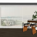 White Vertical Blinds with Natural Sunlight Filtering Sea View Wooden Floor Chair Palm Plant