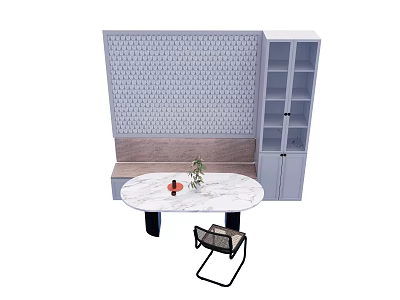 Round Marble Dining Table Set With Bench Lattice Screen Gray Cabinet And Plant Decor 3d model