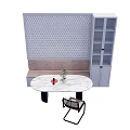 Round Marble Dining Table Set With Bench Lattice Screen Gray Cabinet And Plant Decor