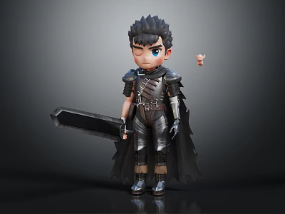 Cartoon Armored Character Holding Large Sword With Small Companion Creature 3d model