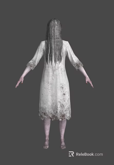 Ghostly Female Horror Character In Stained White Dress With Long Hair Back View 3d model