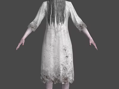 Ghostly Female Horror Character In Stained White Dress With Long Hair Back View 3d model