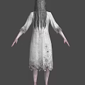 Ghostly Female Horror Character In Stained White Dress With Long Hair Back View 3d model