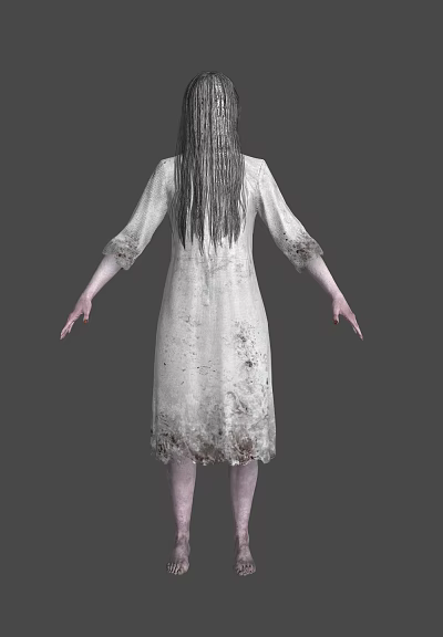 Ghostly Female Horror Character In Stained White Dress With Long Hair Back View 3d model