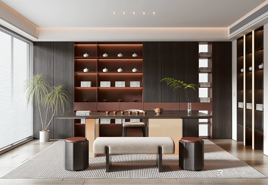 Elegant Modern Tea Room With Dark Wood Bookshelves Long Table Green Plants And Upholstered Bench 3d model 