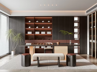 Elegant Modern Tea Room With Dark Wood Bookshelves Long Table Green Plants And Upholstered Bench 3d model