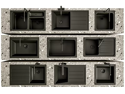 Modern Black Kitchen Sinks with Multiple Designs on Speckled Countertop for Home Renovation 3d model
