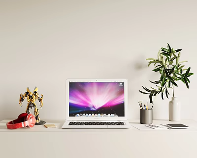 Laptop on Work Desk with Vibrant Screen Red Headphones Robot Figurine and Green Plant 3d model
