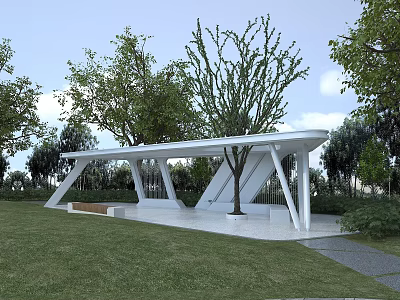 Modern Outdoor Pergola In Garden Featuring White Structure Grass And Trees 3d model