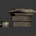 Stack of Vintage Books with Open Pages and Coffee Cup on Green Saucer