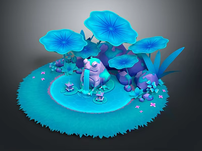 Cartoon Scene with Blue Lotus Leaves Frog Blue Water Purple Stones and Pink Flowers 3d model