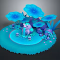 Cartoon Scene with Blue Lotus Leaves Frog Blue Water Purple Stones and Pink Flowers