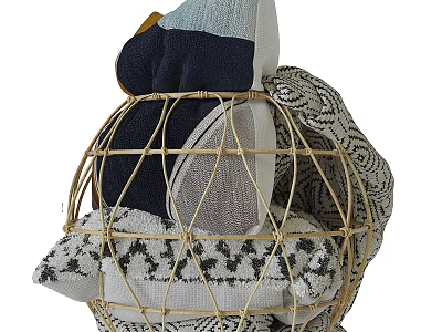 Woven Storage Basket Filled With Colorful Fabric Items And Geometric Patterns 3d model