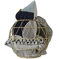 Woven Storage Basket Filled With Colorful Fabric Items And Geometric Patterns