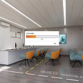 Modern Interior Space With Wooden Accent Wall White Table Orange Blue Chairs And TV Screen