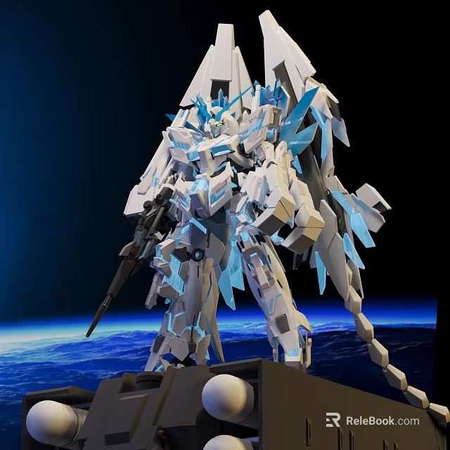 White Blue Mecha Figure With Space Earth Background And Armor Weapon Design 3d model 