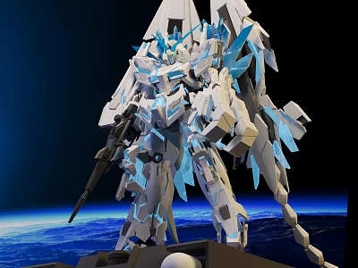 White Blue Mecha Figure With Space Earth Background And Armor Weapon Design 3d model