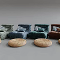 Multi Colored Backrest Floor Sofa Cushions With Soft Fabric And Rattan Stools 3d model
