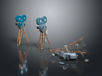 Vintage Blue Film Projectors on Tripods with Scattered Parts Against Dark Reflective Background 3d model
