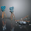 Vintage Blue Film Projectors on Tripods with Scattered Parts Against Dark Reflective Background
