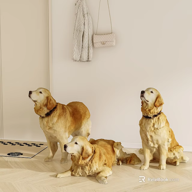 Golden Retriever Sculptures In Indoor Setting With Hanging Clothes And Handbag On Floor Rug 3d model 