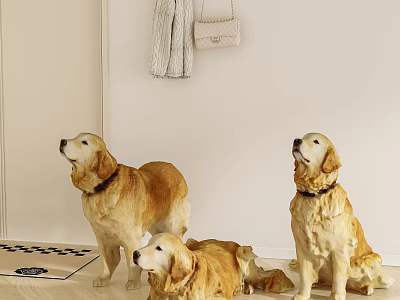 Golden Retriever Sculptures In Indoor Setting With Hanging Clothes And Handbag On Floor Rug 3d model