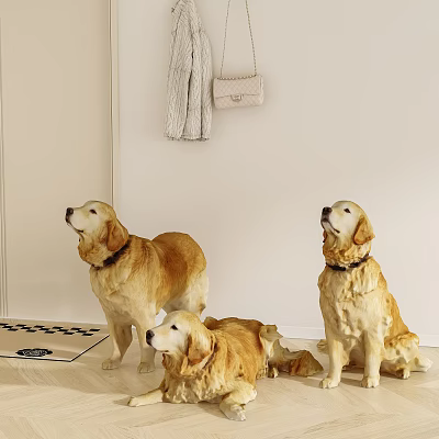 Golden Retriever Sculptures In Indoor Setting With Hanging Clothes And Handbag On Floor Rug 3d model
