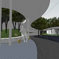 Modern Sales Office Building With Unique Curved Roof White Columns Green Trees And Lawn Area