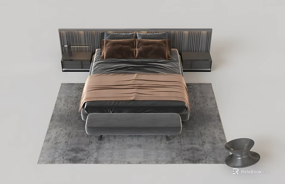 Modern Double Bed With Upholstered Headboard Brown Pillows Gray Bedding Bedside Tables And Rug 3d model 