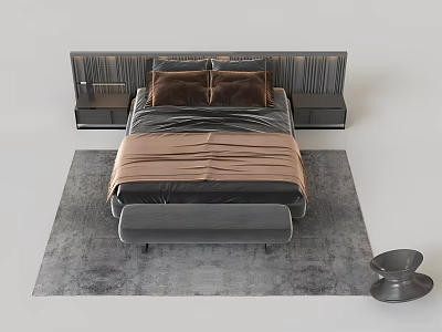 Modern Double Bed With Upholstered Headboard Brown Pillows Gray Bedding Bedside Tables And Rug 3d model