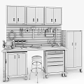 Functional Workbench with Wooden Top Drawers Cabinets and Wall Mounted Tools in Workshop 3d model