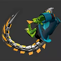 Green Creature Character Wearing Blue Coat And White Hat Holding Weapon With Orange White Rings