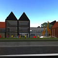 Modern School Building With Gabled Roofs Red Brick Exteriors And Outdoor Playground Area