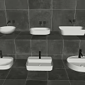 Various Shapes Of White Washbasins On Gray Tiled Bathroom Wall Design