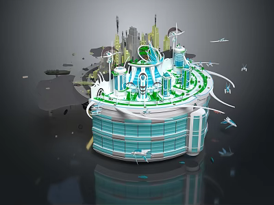 Futuristic Tech City Model With Green Spaces Flying Vehicles And Circular Architecture 3d model