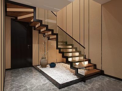 Modern Interior Staircase Design With Glass Railing Wooden Steps And Illuminated Pebble Base 3d model