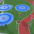 Park Landscape With Green Grass Colorful Circular Areas Red Path And Decorative Structures